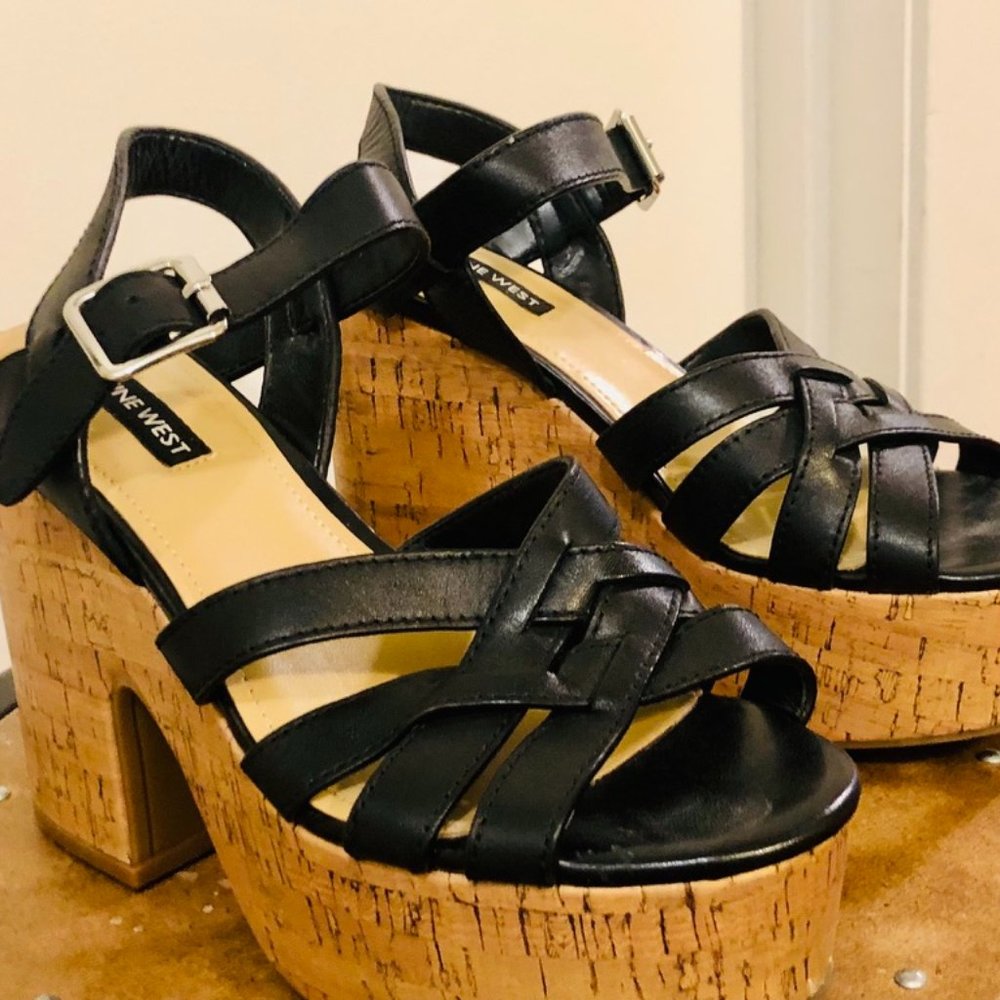 Strappy Black Platform Cork Sandals
